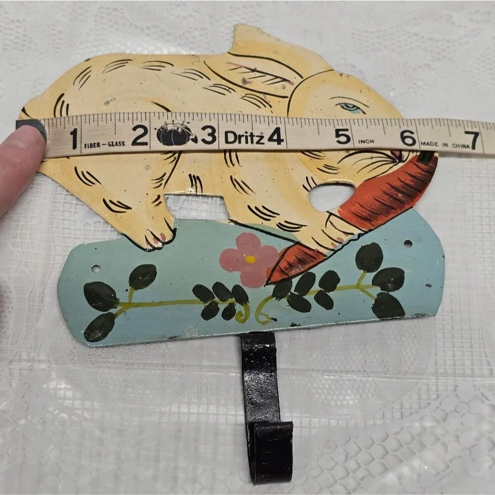 Vintage Hand Painted Folk Art Bunny Rabbit Farmhouse Metal Wall Hook Easter